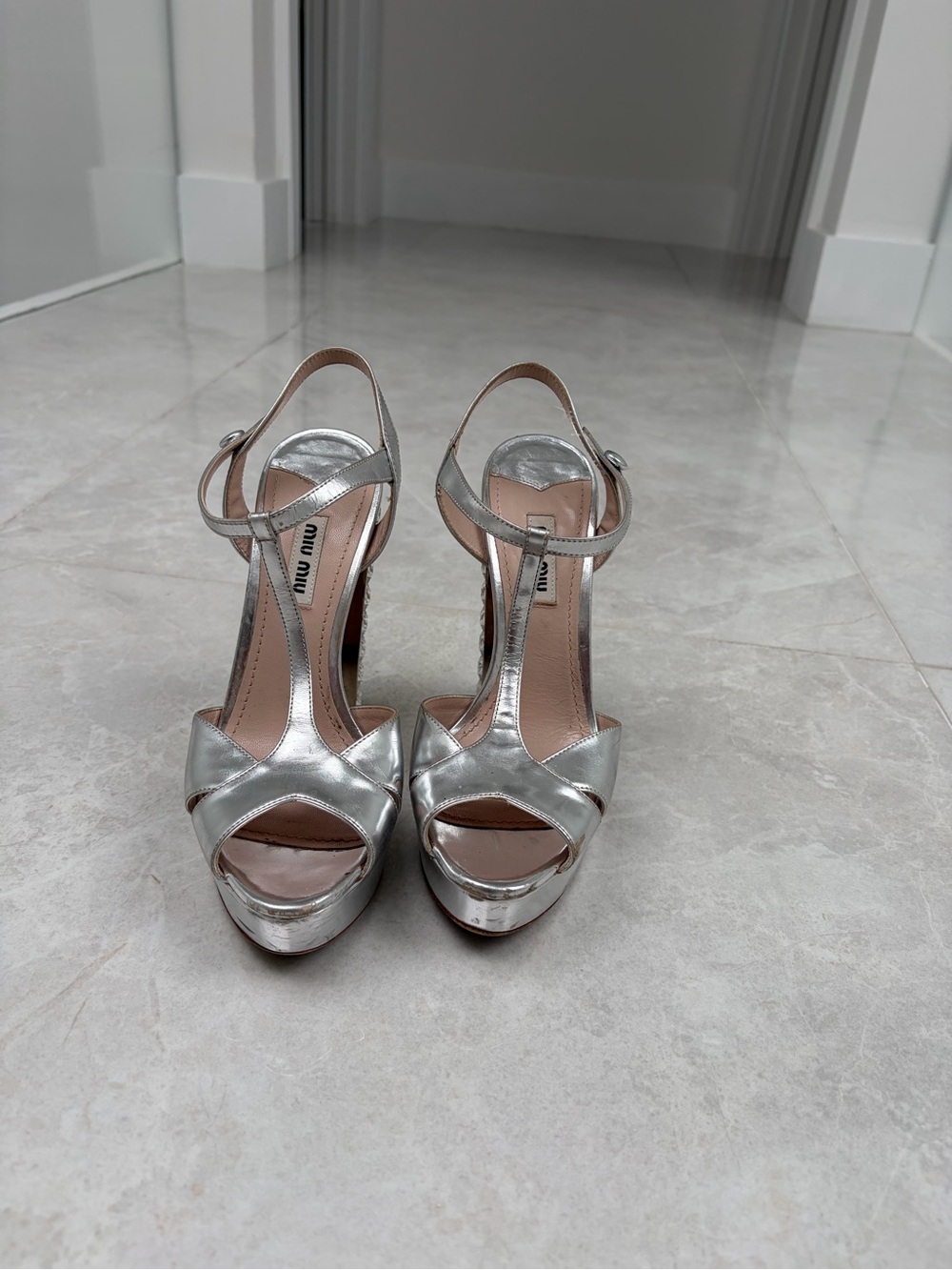 Miu Miu Metallic Silver T-Strap Platform Heels